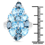 6.69 Carat Genuine Swiss Blue Topaz, London Blue Topaz, and White Zircon .925 Sterling Silver Ring