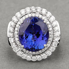 10.79 Carat Genuine Tanzanite and White Diamond 18K White Gold Ring