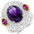 5.58 Carat Genuine Amethyst, Rhodolite, and White Diamond 14K Yellow Gold with .925 Sterling Silver Ring