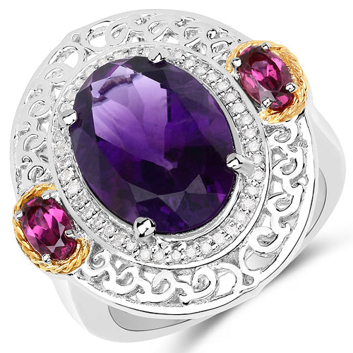 5.58 Carat Genuine Amethyst, Rhodolite, and White Diamond 14K Yellow Gold with .925 Sterling Silver Ring