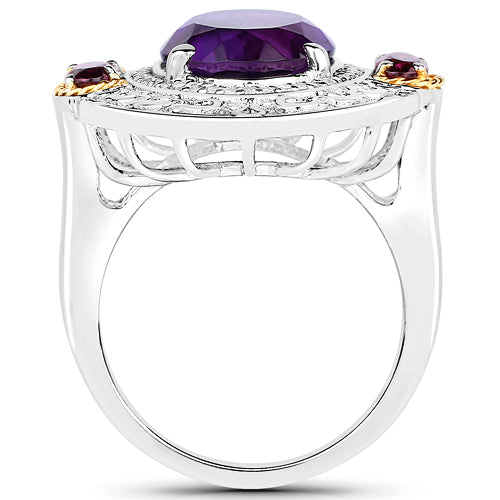 5.58 Carat Genuine Amethyst, Rhodolite, and White Diamond 14K Yellow Gold with .925 Sterling Silver Ring