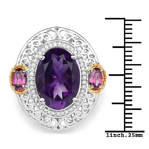 5.58 Carat Genuine Amethyst, Rhodolite, and White Diamond 14K Yellow Gold with .925 Sterling Silver Ring