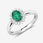 0.86 Carat Genuine Zambian Emerald and White Diamond 14K White Gold Ring