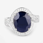 6.52 Carat Genuine Blue Sapphire and White Diamond 14K White Gold Ring