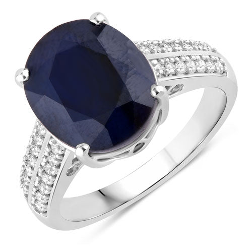 6.49 Carat Genuine Blue Sapphire and White Diamond 14K White Gold Ring