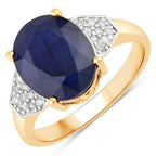 4.46 Carat Genuine Blue Sapphire and White Diamond 14K Yellow Gold Ring