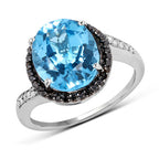 5.48 Carat Genuine Swiss Blue Topaz, Black Diamond and White Diamond .925 Sterling Silver Ring