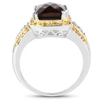 3.48 Carat Genuine Smoky Quartz, Yellow Diamond and White Diamond .925 Sterling Silver Ring