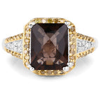 3.48 Carat Genuine Smoky Quartz, Yellow Diamond and White Diamond .925 Sterling Silver Ring