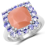 6.70 Carat Genuine Peach Moonstone and Tanzanite .925 Sterling Silver Ring