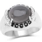 5.68 Carat Genuine Grey Moonstone & Black Spinel .925 Sterling Silver Ring