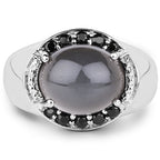 5.68 Carat Genuine Grey Moonstone & Black Spinel .925 Sterling Silver Ring