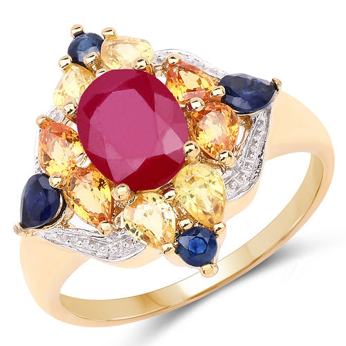 Anillo de plata esterlina .925 con baño de oro amarillo de 14 quilates, con varias piedras genuinas de 3,76 quilates