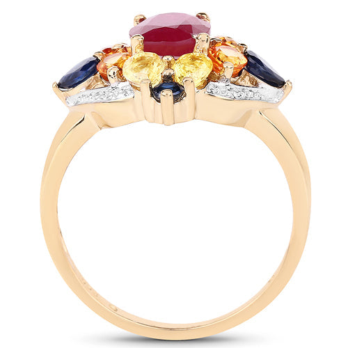 Anillo de plata esterlina .925 con baño de oro amarillo de 14 quilates, con varias piedras genuinas de 3,76 quilates