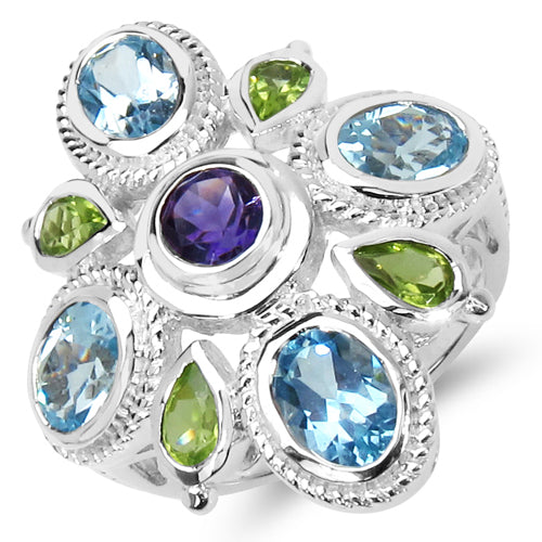 5.13 Carat Genuine Amethyst, Blue Topaz & Peridot .925 Sterling Silver Ring