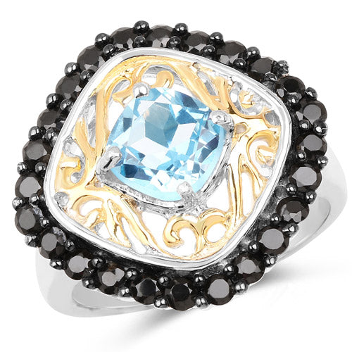Anillo de plata de ley 925 con topacio azul suizo auténtico de 2,85 quilates y espinela negra, chapado en dos tonos