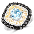 Anillo de plata de ley 925 con topacio azul suizo auténtico de 2,85 quilates y espinela negra, chapado en dos tonos