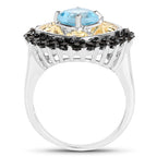 Two Tone Plated 2.85 Carat Genuine Swiss Blue Topaz and Black Spinel .925 Sterling Silver Ring