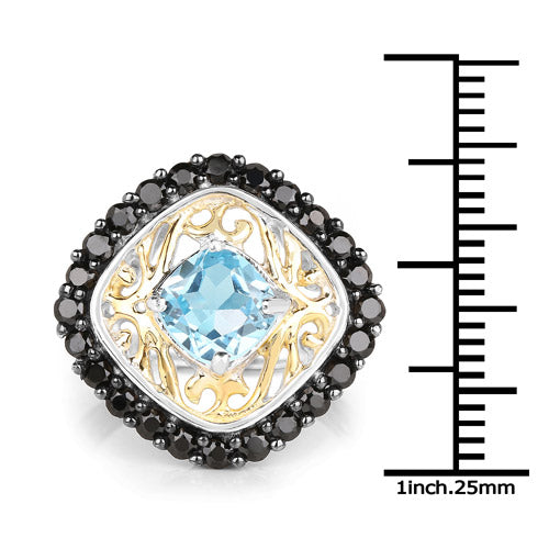 Anillo de plata de ley 925 con topacio azul suizo auténtico de 2,85 quilates y espinela negra, chapado en dos tonos