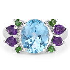 4.00 Carat Genuine Swiss Blue Topaz, Chrome Diopside & Amethyst .925 Sterling Silver Ring