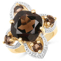 Anillo de plata de ley .925 con baño de oro amarillo de 14 quilates y cuarzo ahumado auténtico de 5,92 quilates