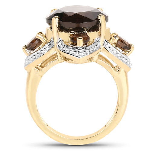 Anillo de plata de ley .925 con baño de oro amarillo de 14 quilates y cuarzo ahumado auténtico de 5,92 quilates