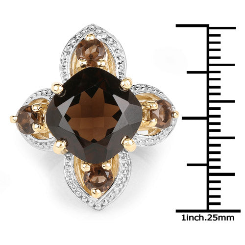 Anillo de plata de ley .925 con baño de oro amarillo de 14 quilates y cuarzo ahumado auténtico de 5,92 quilates