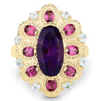 6.80 Carat Genuine Amethyst, Rhodolite, and Blue Topaz .925 Sterling Silver Ring