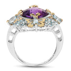 Two Tone Plated 4.45 Carat Genuine Amethyst & Blue Topaz .925 Sterling Silver Ring