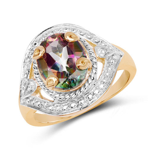 14K Yellow Gold Plated 3.15 Carat Genuine Mystic Quartz .925 Sterling Silver Ring
