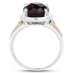 3.28 Carat Genuine Smoky Quartz, Yellow Diamond & White Diamond .925 Sterling Silver Ring