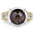 3.28 Carat Genuine Smoky Quartz, Yellow Diamond & White Diamond .925 Sterling Silver Ring
