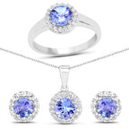 3.77 Carat Genuine Tanzanite and White Topaz .925 Sterling Silver 3 Piece Jewelry Set (Ring, Earrings, and Pendant w/ Chain)