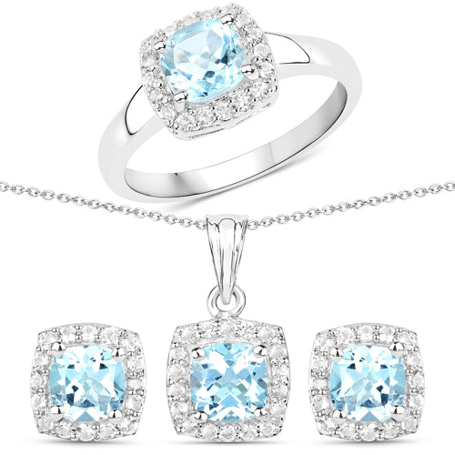 4.62 Carat Genuine Blue Topaz and White Topaz .925 Sterling Silver 3 Piece Jewelry Set (Ring, Earrings, and Pendant with Chain)